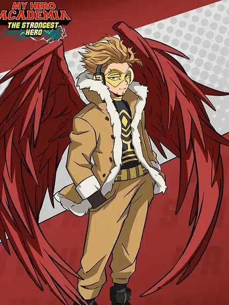 Hawks con le ali rosse spiegate in My Hero Academia