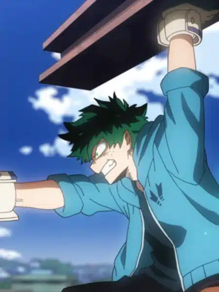 Izuku Midoriya in azione con la giacca azzurra in My Hero Academia