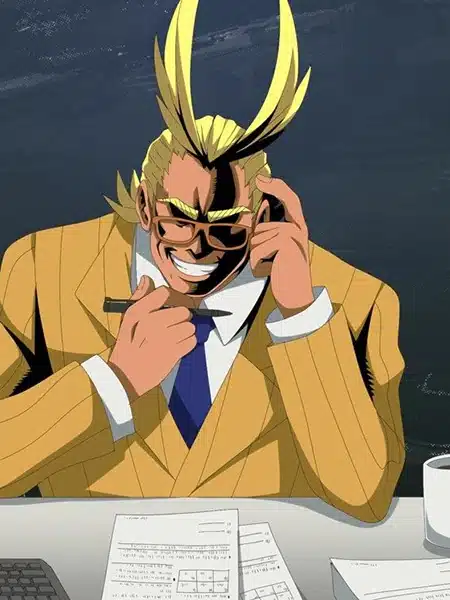 All Might alla scrivania con il completo giallo
