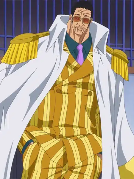 Borsalino Kizaru con il completo giallo e il mantello della Marina