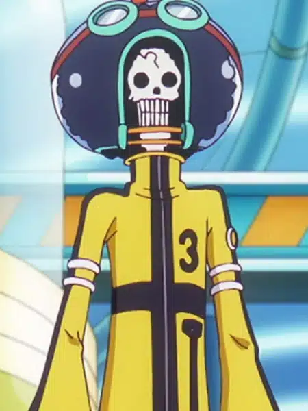 Brook con il casco e la tuta gialla di Egghead