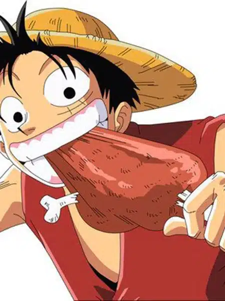 Monkey D. Luffy mentre mangia carne in One Piece