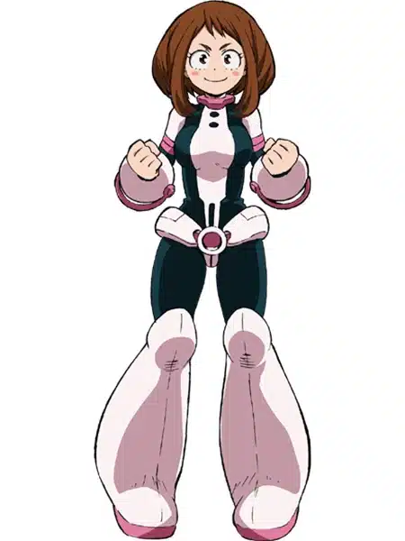 Ochaco Uraraka con il costume da eroina rosa e bianco