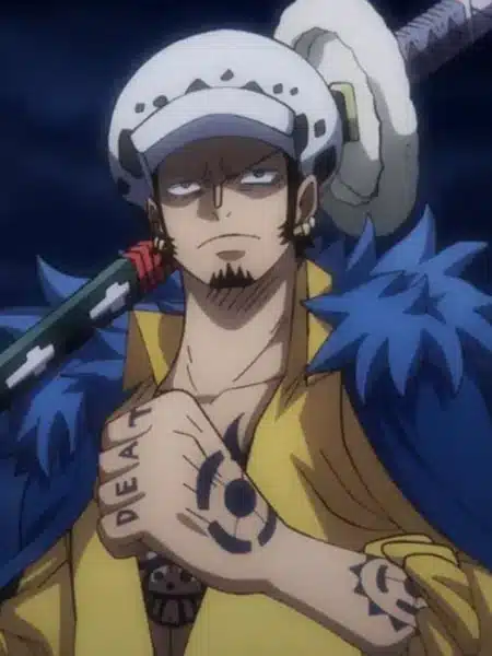 Trafalgar Law con cappello maculato e spada in One Piece