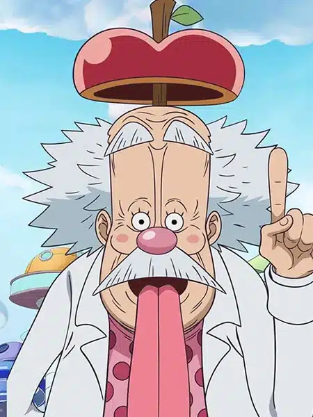 Vegapunk con il copricapo a forma di mela nell'arco Egghead